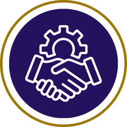 Business partnership icon with white handshake and gear on a dark purple circle background.
