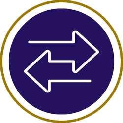 A circular purple and gold icon featuring two white horizontal arrows pointing in opposite directions.