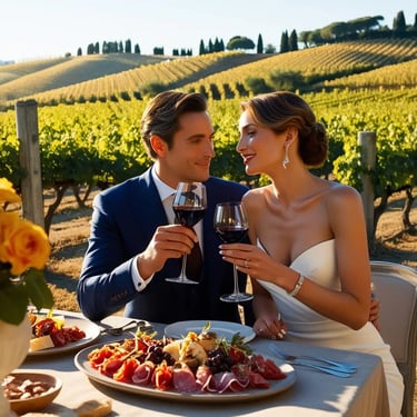 A couple savoring fine wine and antipasti at an exclusive Tuscan vineyard, surrounded by lush vineyards and golden countrysid