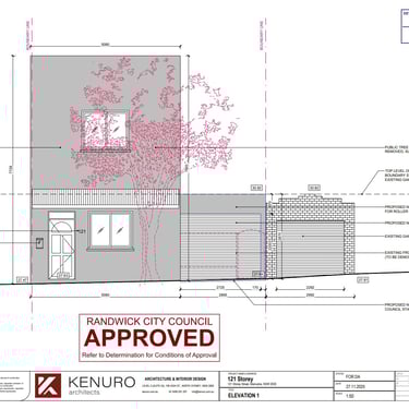 Front elevation approved by Randwick Council showing new driveway access, roller door and streetscape interface in Maroubra