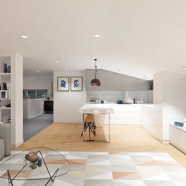 warm and inviting living space with plush textiles, large steel-framed windows framing countryside view