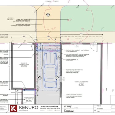 Architectural plan for Randwick Council DA in Maroubra illustrating new driveway, hardstand parking space and boundary works