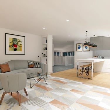 open-plan living area with a sunken lounge, reclaimed oak floors, designed for cozy relaxation