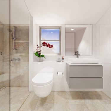 Elegant bathroom featuring natural textiles, matte brushed nickel fixtures, and soft lighting, blending rustic and modern