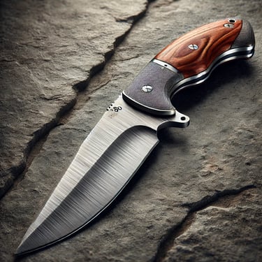 Handcrafted 1080 stainless steel knife with wooden handle on a rugged stone surface.