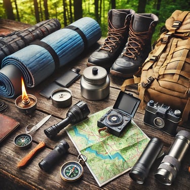 Essential camping gear flat lay, including a backpack, sleeping bag, portable stove, map, compass, and flashlight.