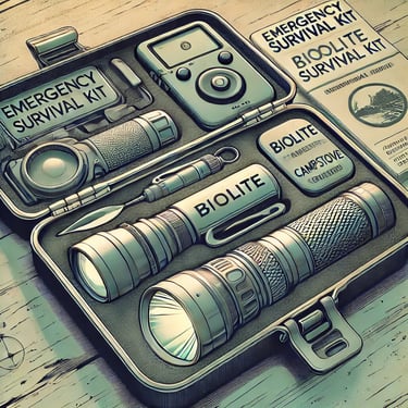 Compact survival kit with flashlight, stove, and guide on a rugged surface