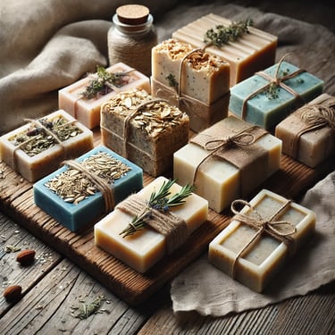 Handmade soaps on a rustic wooden table with natural ingredients