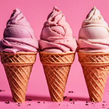 three ice cream cones with pink and white icing