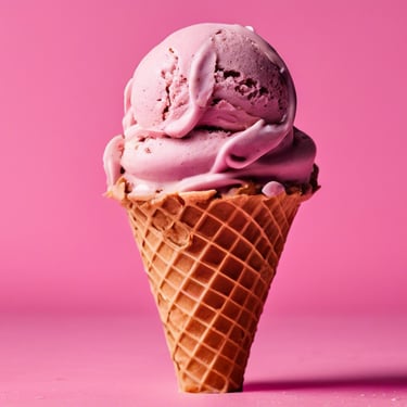 a cone shaped ice cream cone with pinkish ice cream