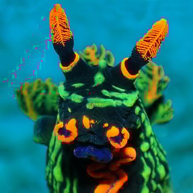 Nudibranquio verde y naranja