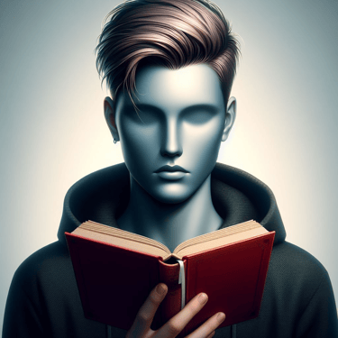 AI image of an androgenous person reading a book with a red cover