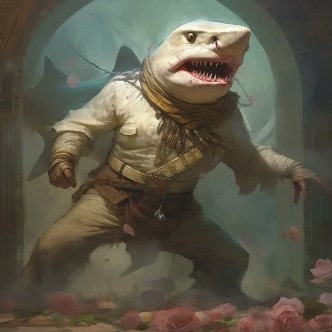 AI generated image of a shark dressed like Indian Jones while searching a ruin