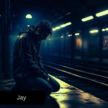 A dejected young man kneeling on a darkened rain-soaked subway station