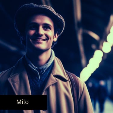 AI image of a young man wearing a flat cap who is standing on subway platform