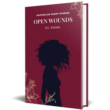 3D cover of a crimson-coloured book cover featuring the silhouette of a woman with a mop of wavy hair and line art flowers