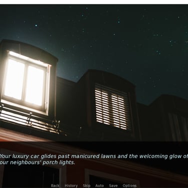 It's nighttime and a light is on in the dormer window of a two storey house