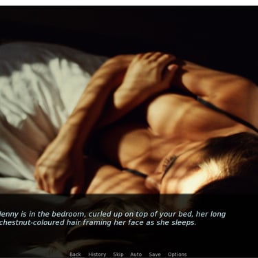 Moonlight shines through a window onto a woman who lies asleep on her bed