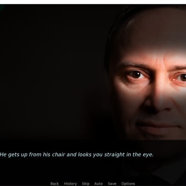 The face of a middle-aged man in shadow. Only his eyes are lit by a slash of light shining across his face