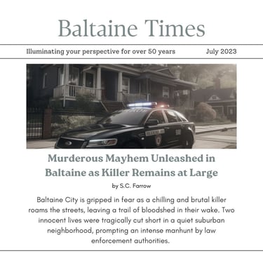 Front page of the Baltaine Times newspaper that is featured in the Tales in Transit Instagram drama series