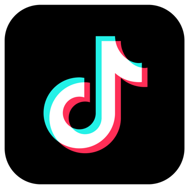 Red, white, and teal TikTok logo on a black square background