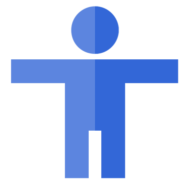 a blue and white sign with a man in a blue shirt
