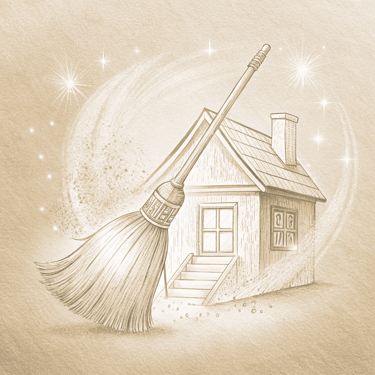 a broom with a house in background