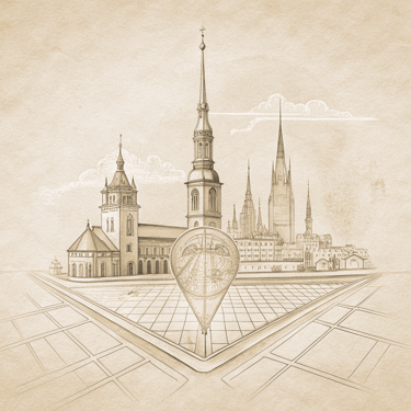 a drawing of a city Riga with a clock tower
