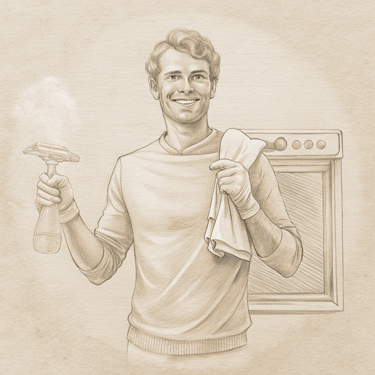a man holding a towel and a cleaning bottle