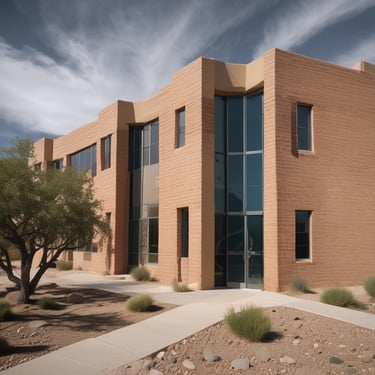 A partially constructed multi-story building with red brick-like panels and large glass windows. Steel beams are visible on the lower floors, indicating ongoing construction. Two cranes are positioned around the building, with one lifting machinery or materials. The sky is clear, contributing to good lighting conditions.