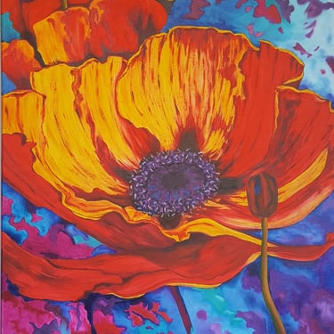 tableau-coquelicot-rouge-sur-fond-bleu