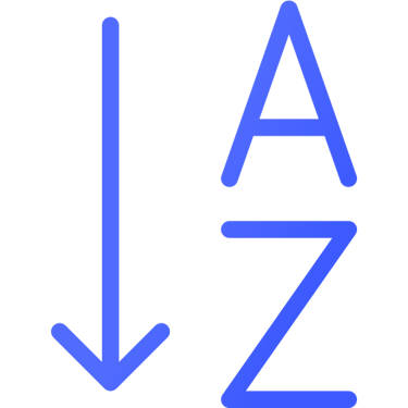 Blue alphabetical sorting icon showing A to Z order with a downward arrow on a black background.