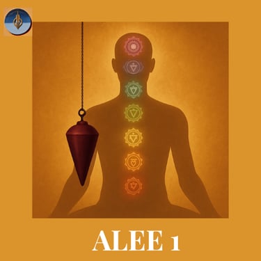 Silhouette homme avec chakras et un pendule 1er plan