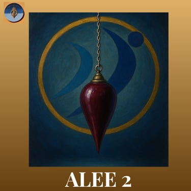 Le symbole de NERTI entouré d'un cercle doré et un pendule en premier plan