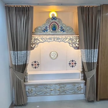 The Offering Ledge: extended platform space for elaborate festive pujas. Makrana White marble temples