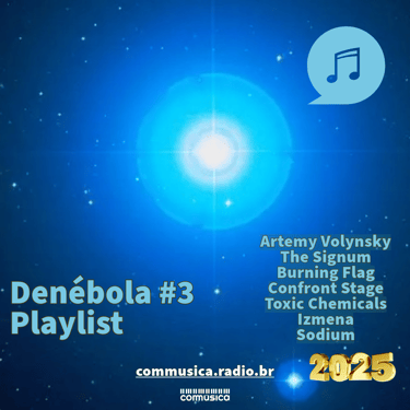 a blue and white poster with a music note and a notepad