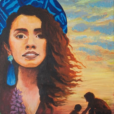 Portrait of a woman with raven hair, with a silouette of man and child on beach in the image.