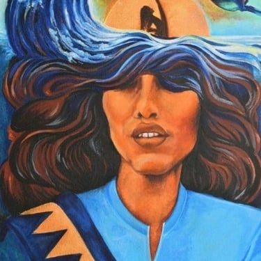 Portrait painting of a woman in Blue and Gold. Half the image depicts a surfer coming to surface as the sun sets.