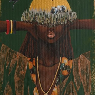 Painting and collage of a woman, with half her face depicting african savanna.