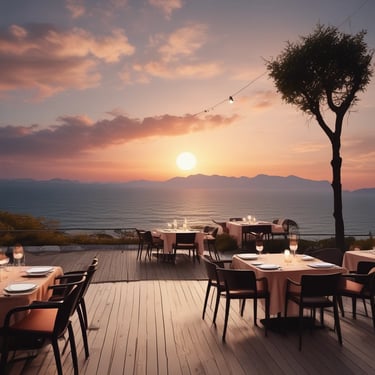 An outdoor restaurant with a brightly lit sign reading 'BAR RESTAURANT' under a dusky sky. Several people are sitting at tables inside a glass-enclosed area, engaged in conversation. There's a menu board leaning against the wall, and the reflections in the glass create a cozy ambiance.