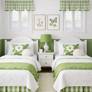 green and white guest room