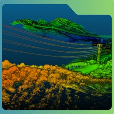 Transmission corridor mapping aerial view with fixed-wing LiDAR survey data overlay