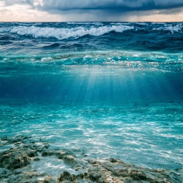 Split view of a stormy sea and calm underwater light for Water-blessed Reiki master training.