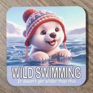 Wild swimming, fridge magnets, glass coasters, a polar bear swimming in the water with a hat on