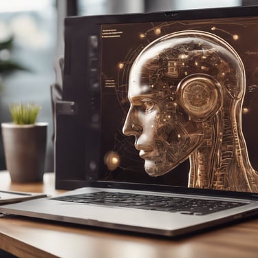 A MacBook with lines of code on its screen on a busy desk