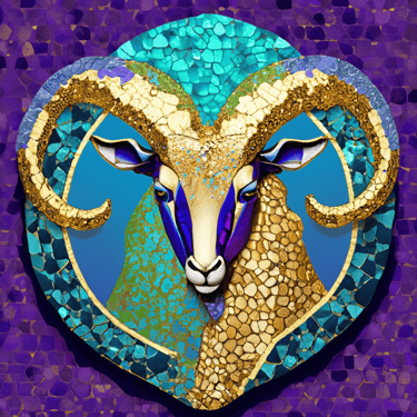 Astrology Capricorn Mosaic, shades of purple green gold and blue. 