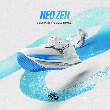 Tênis Mizuno Neo Zen branco com solado azul em destaque - lançamento