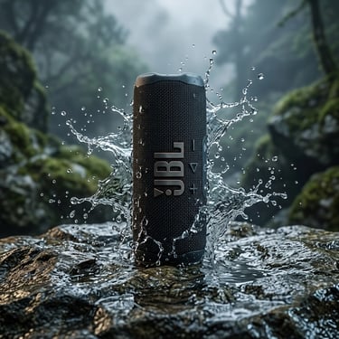 JBL Flip 7 noir sur roche mouillée.