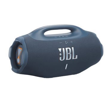 Vue de trois-quarts de l'enceinte portable JBL Boombox 4 bleu