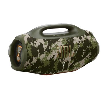 Vue de trois-quarts de l'enceinte portable JBL Boombox 4 camouflage